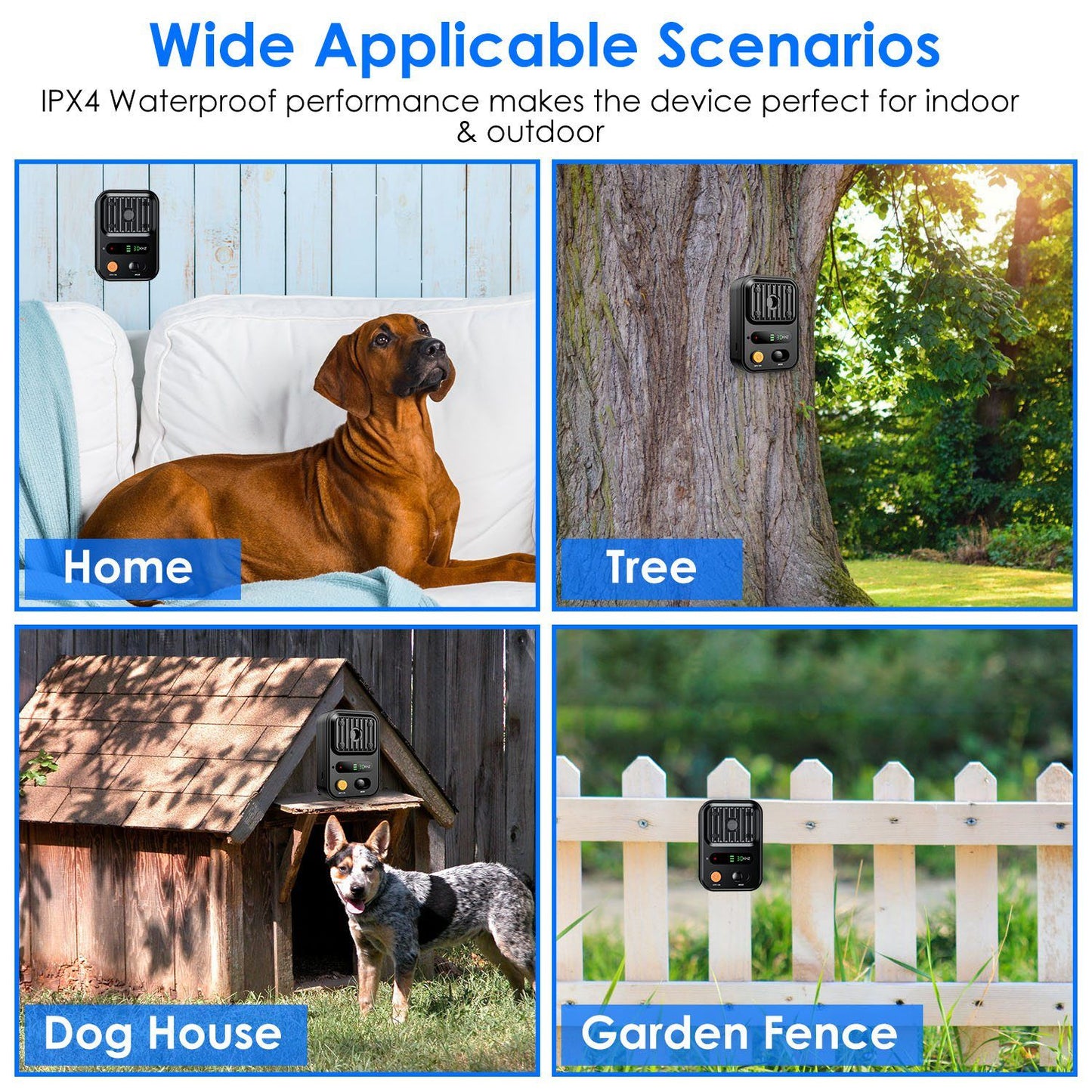 Collage showing device mounted on home wall, tree, doghouse and garden fence for versatile use