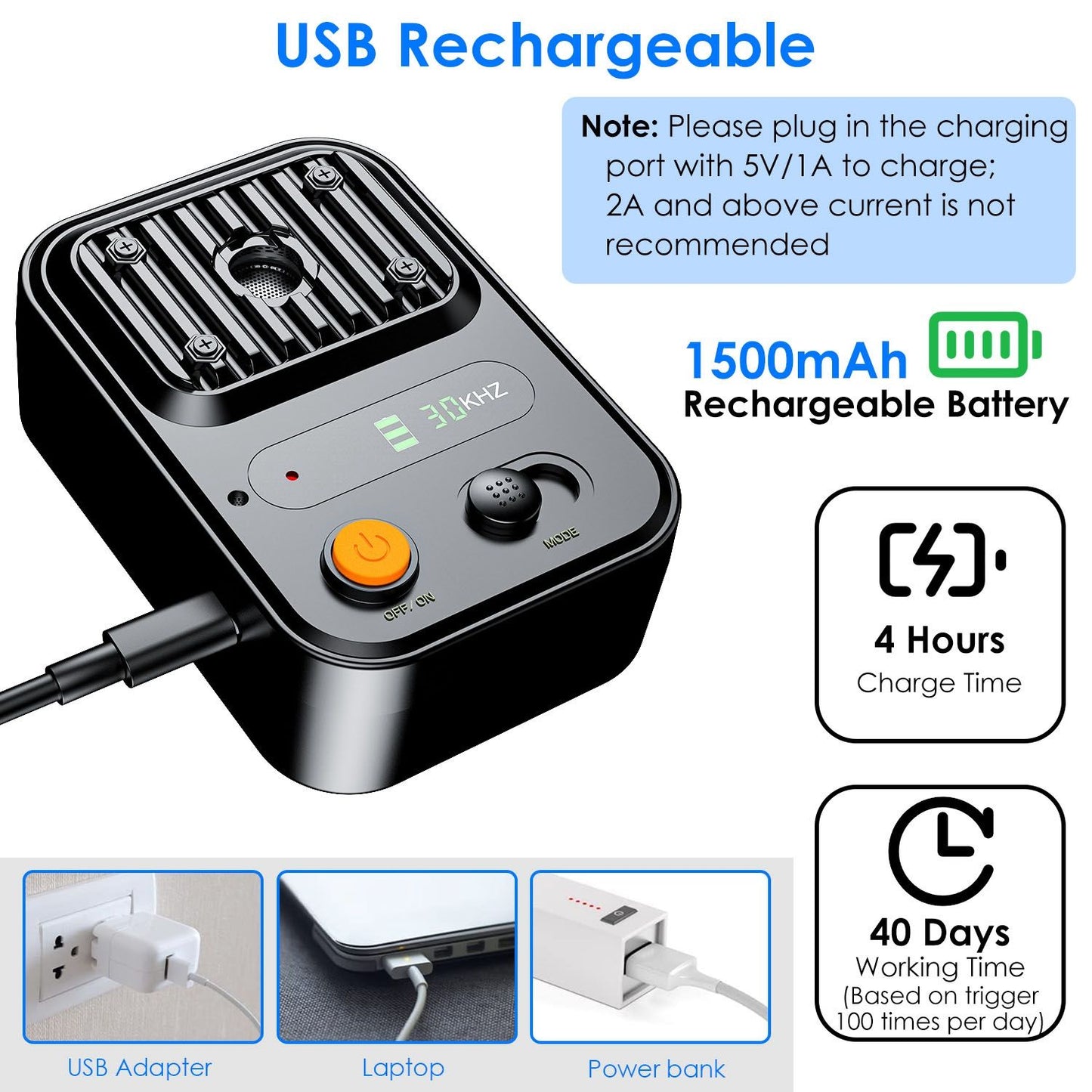 Device charging via USB Type-C with 1500mAh battery and 4-hour charge time