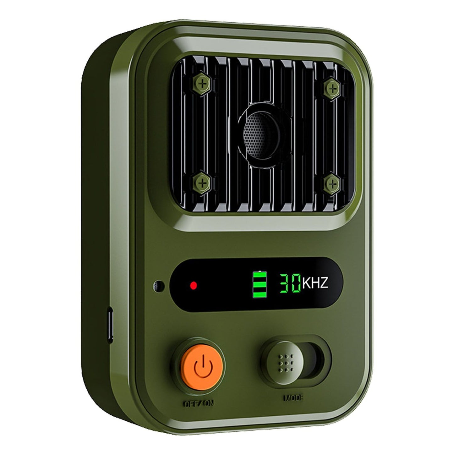Green ultrasonic anti-bark device with speaker grille, digital display and orange power button