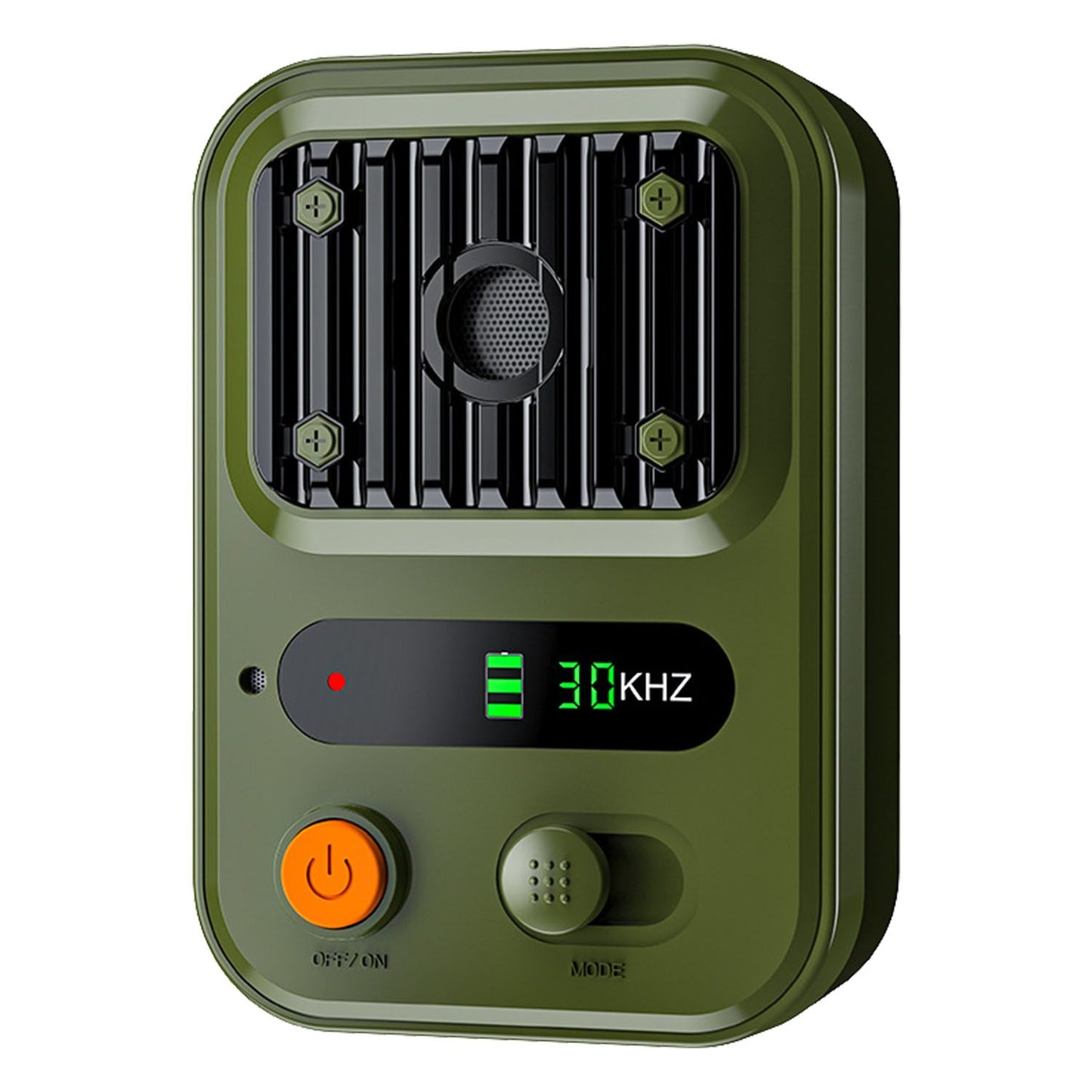 Front view of green anti-bark device showing 30KHZ display, mode switch and orange power button
