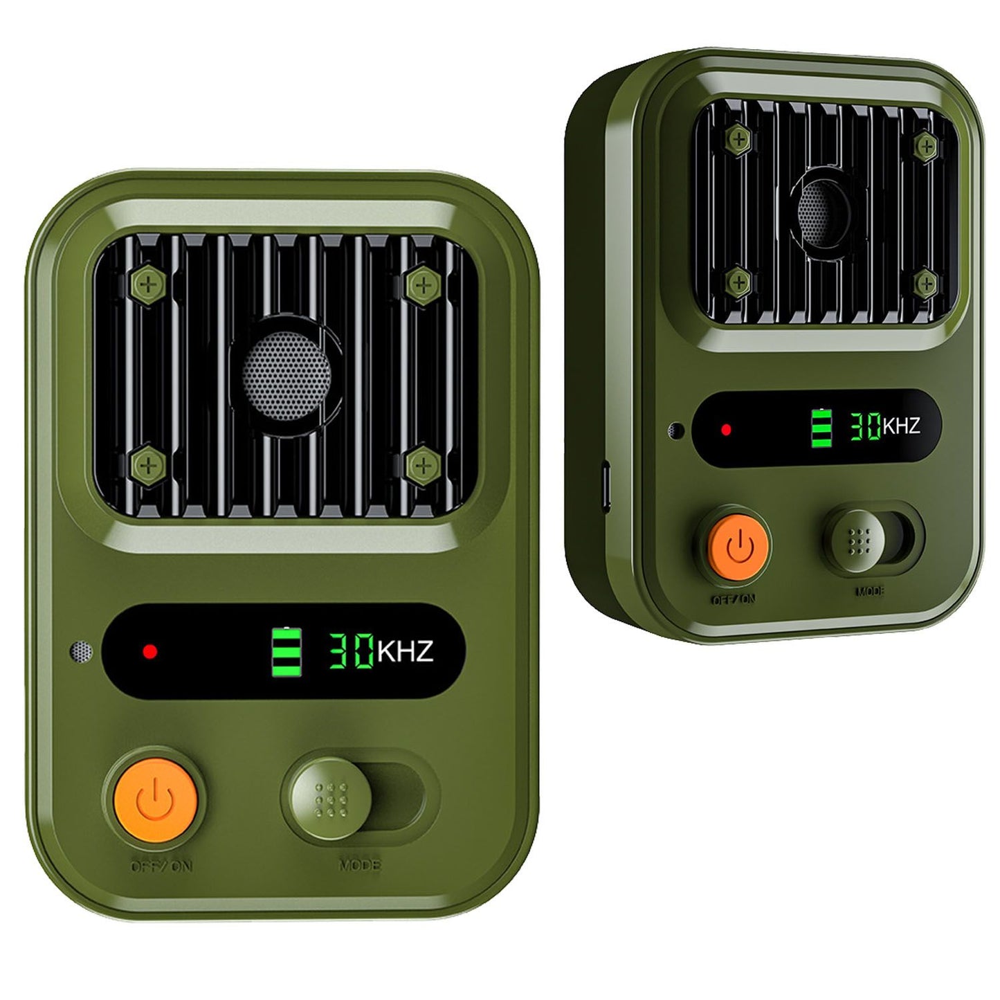 Two views of green ultrasonic bark deterrent showing front and angled profile