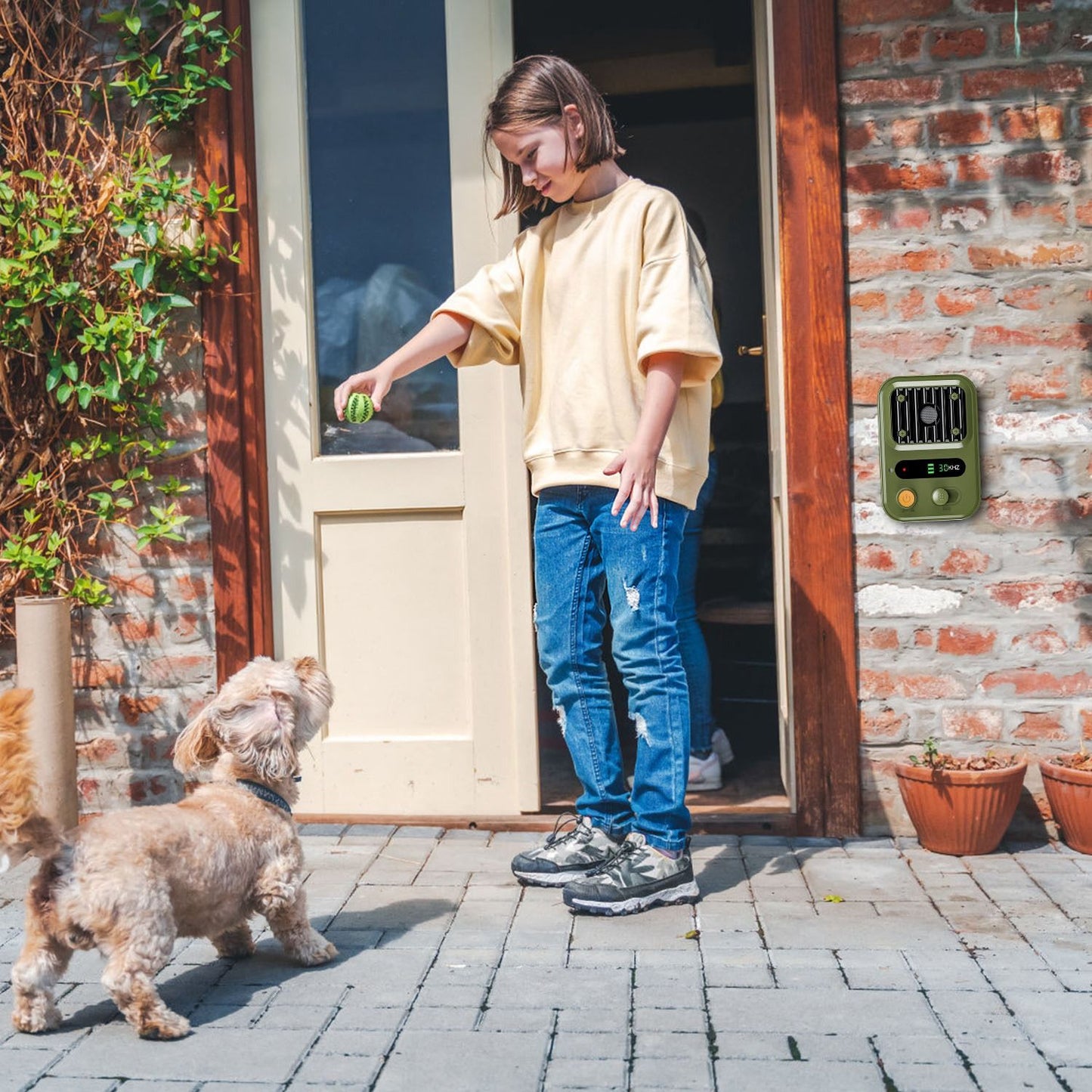 Device mounted on exterior wall beside doorway as child plays with small dog on steps