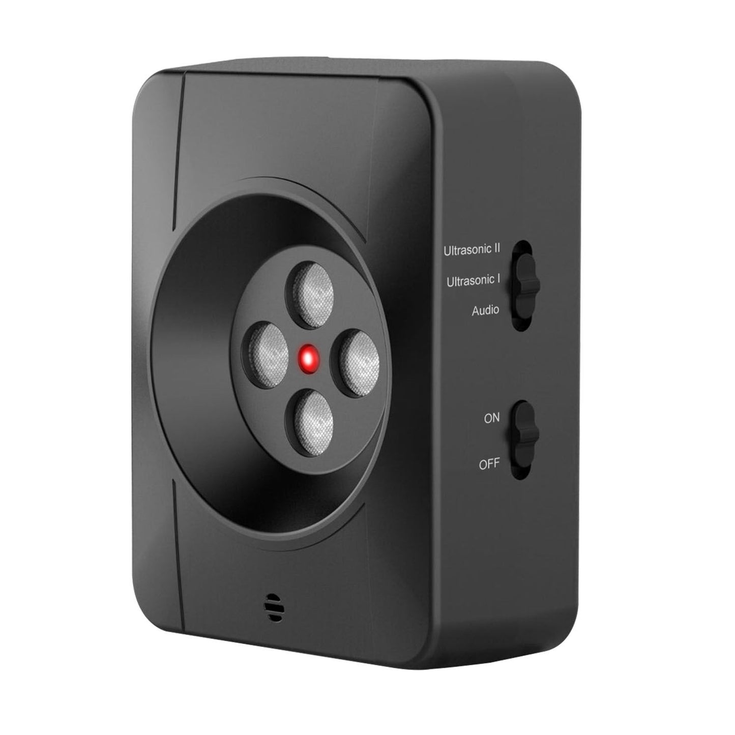 Black rectangular ultrasonic anti-barking device with four speaker ports and indicator light