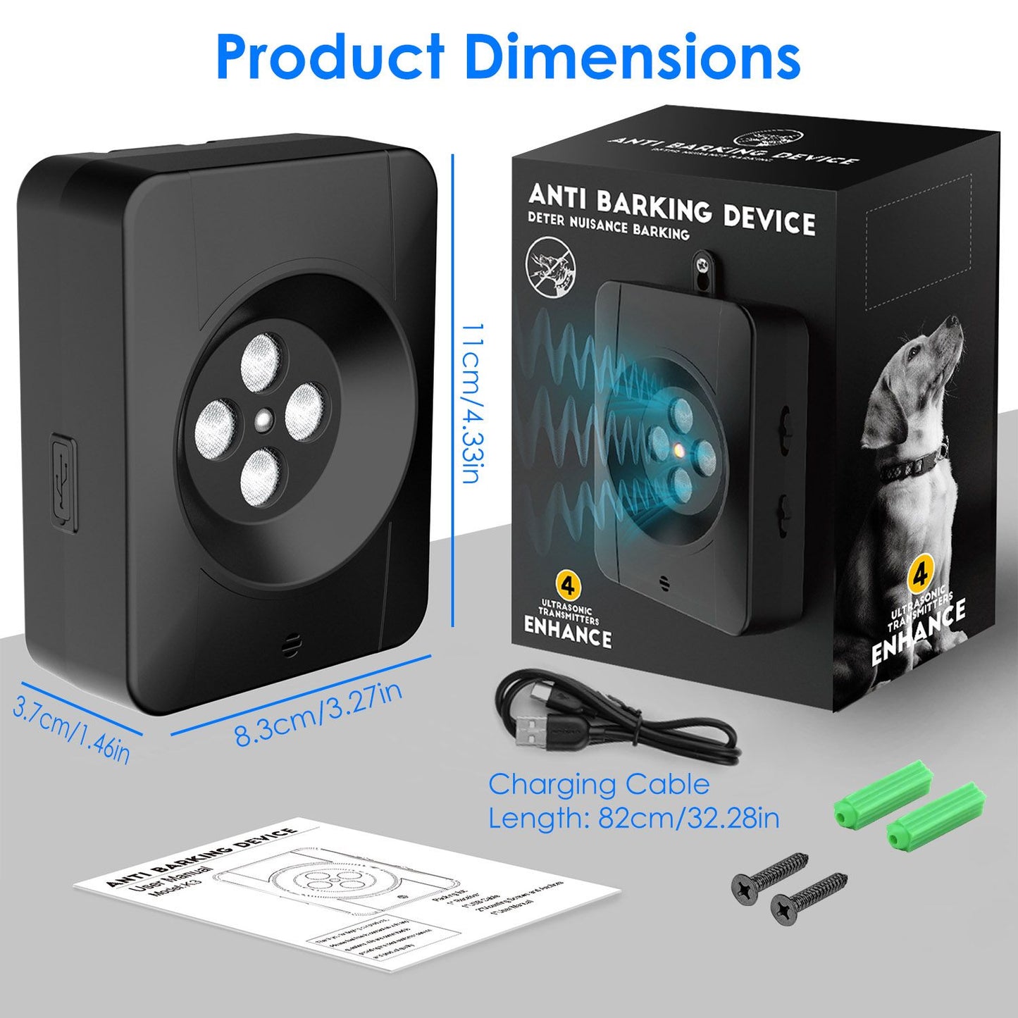 Device next to packaging with charging cable, screws, anchors and dimensions listed