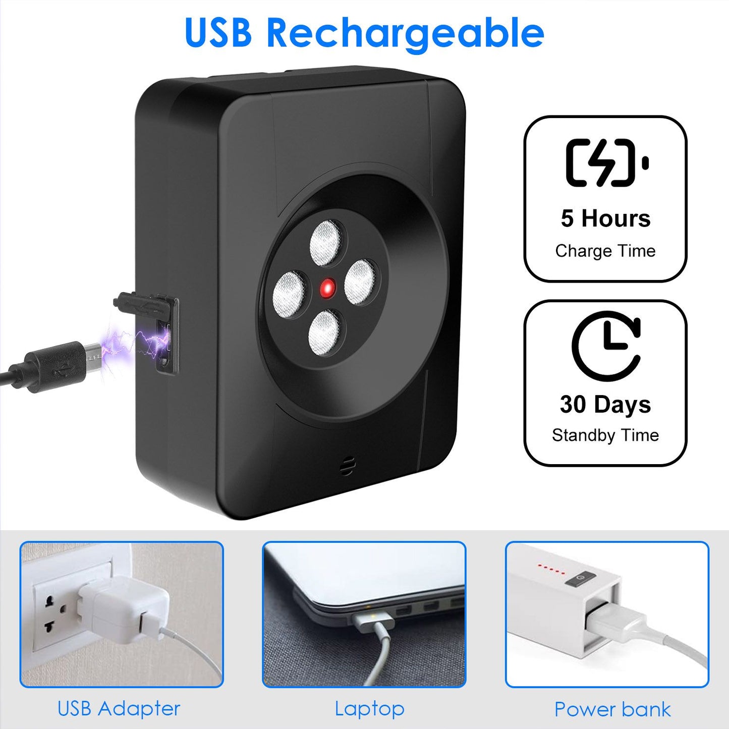 Device with Type-C cable plugged in showing 5-hour charge and 30-day standby icons