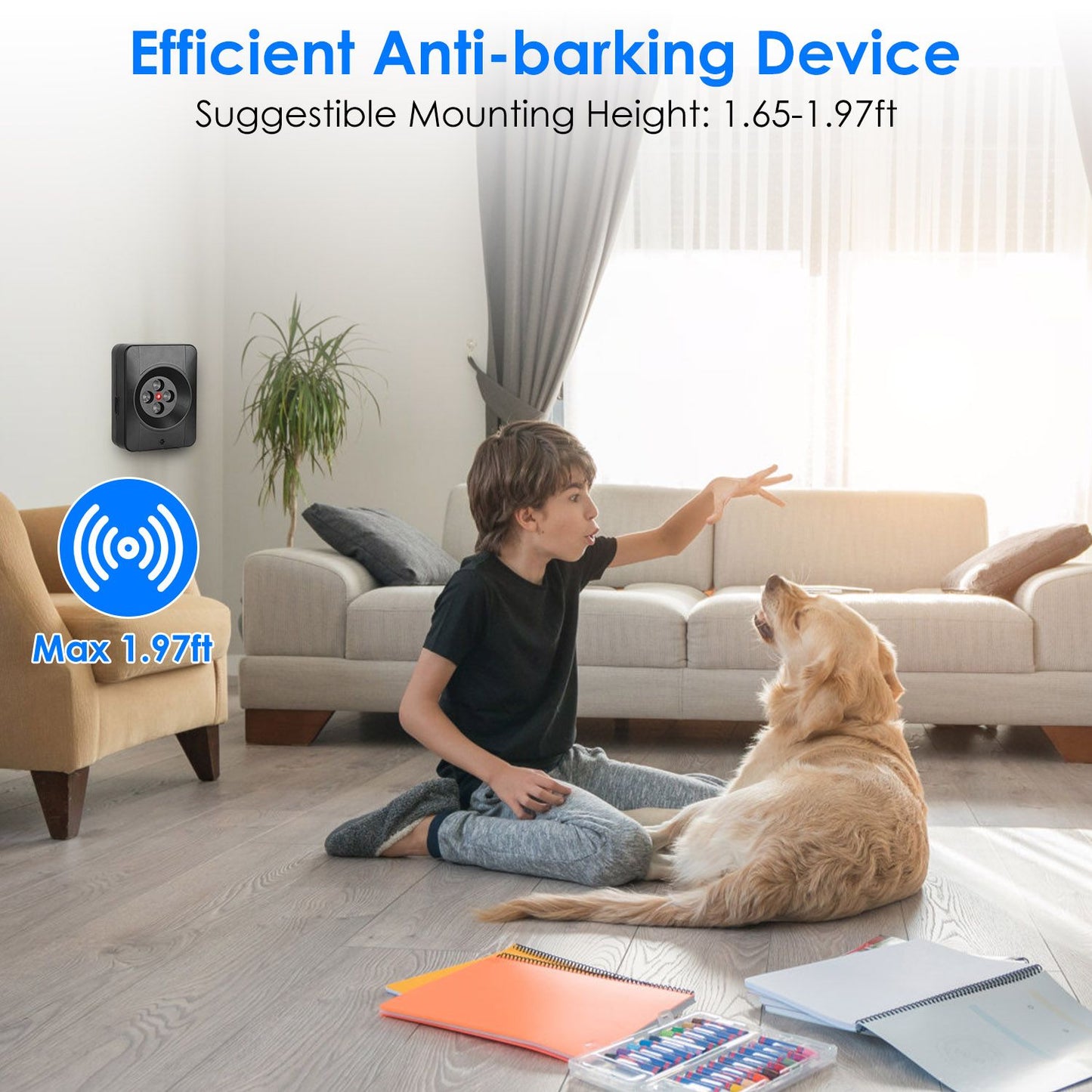 Mounted device in living room showing recommended mounting height and sensing distance