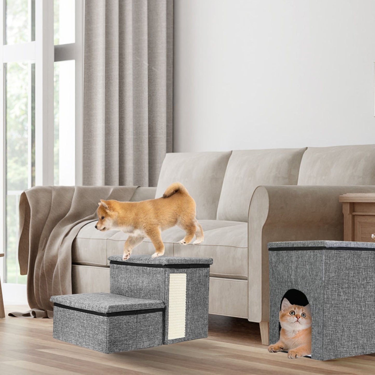 Small dog walking on assembled steps beside a cubby with a cat inside to show scale and cozy interior
