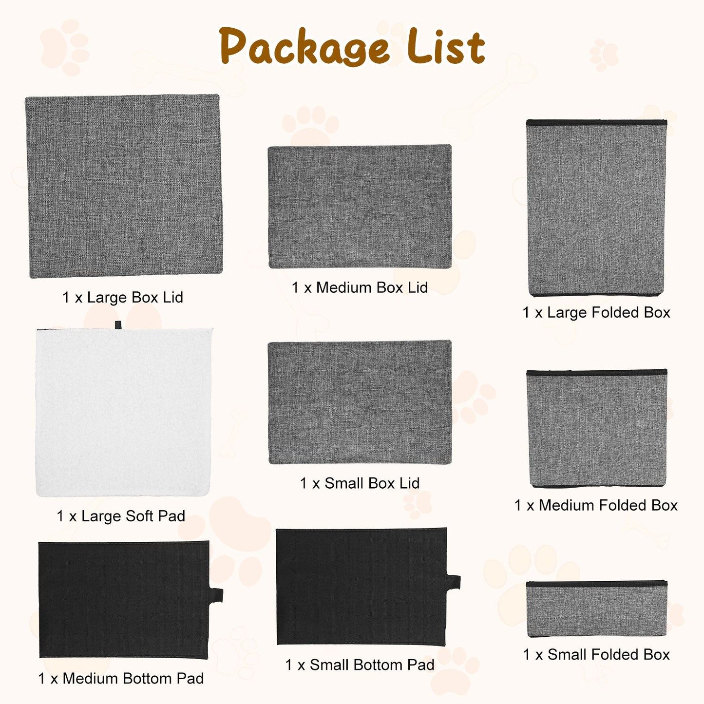Package contents view showing three folded boxes, three lids and three soft bottom pads included