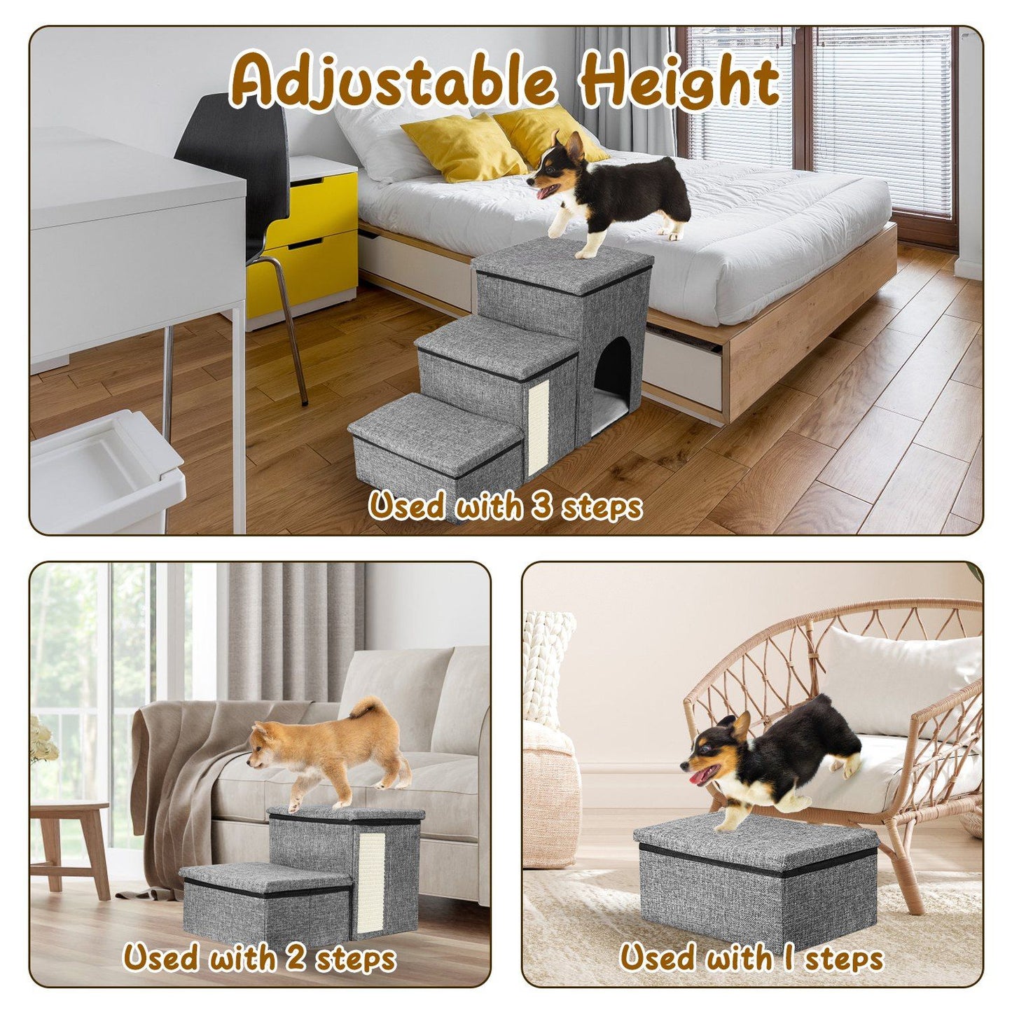 Three arrangements of modular pet steps showing 3-step, 2-step and 1-step configurations for adjustable height