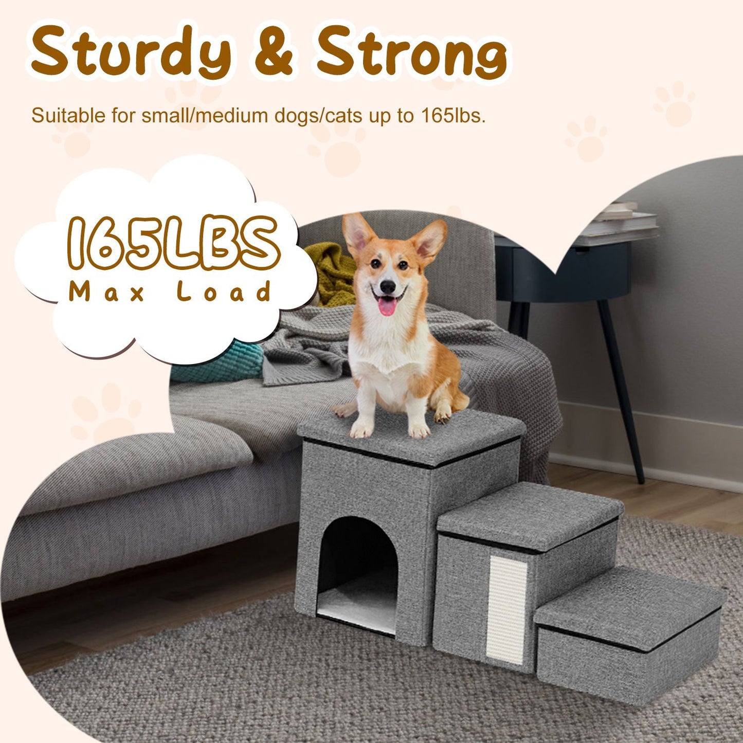 Corgi on top of grey pet stairs with text noting 165 lb max load and sturdy MDF construction