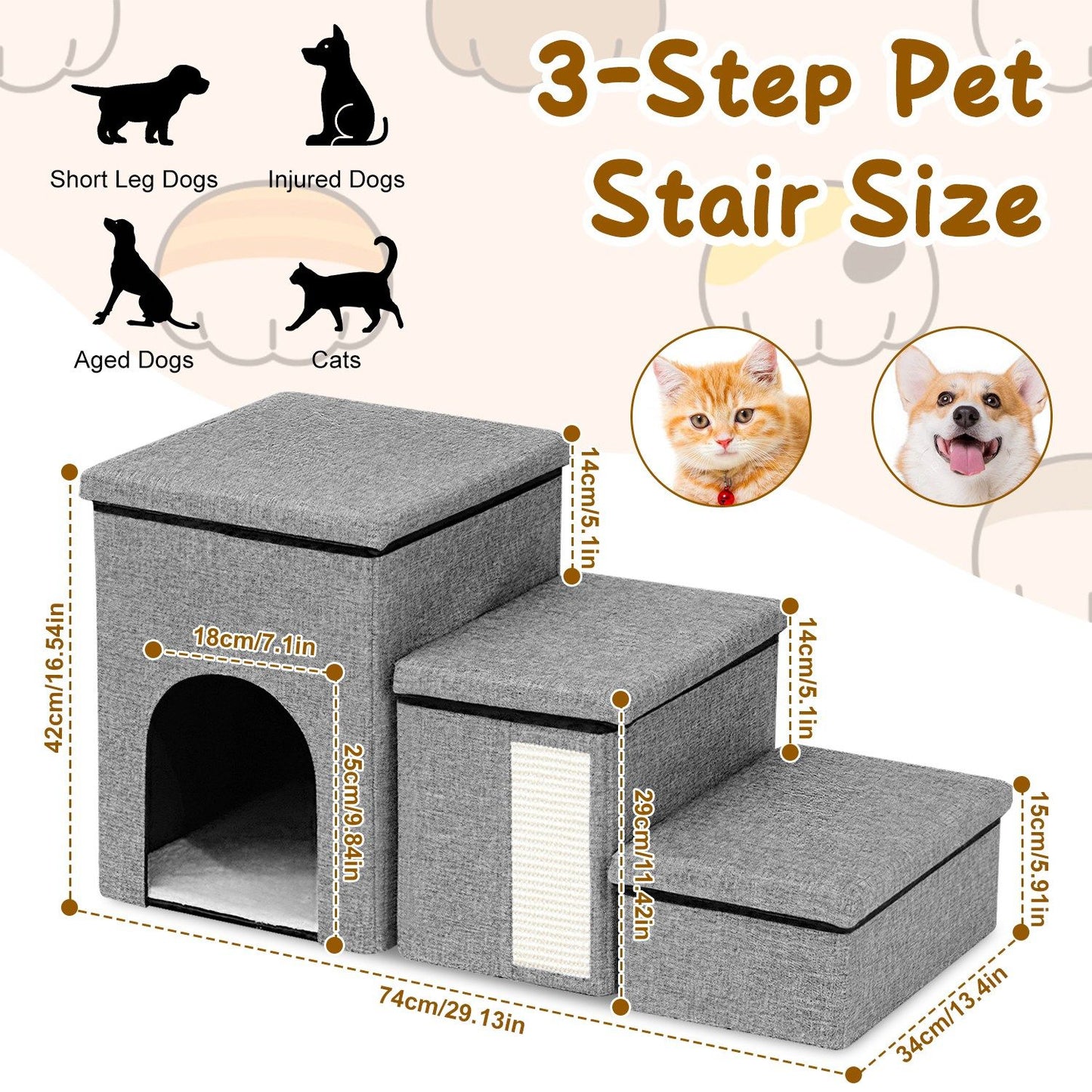 Grey 3-step pet stair with cubby entrance, cushioned lids, and measurement annotations