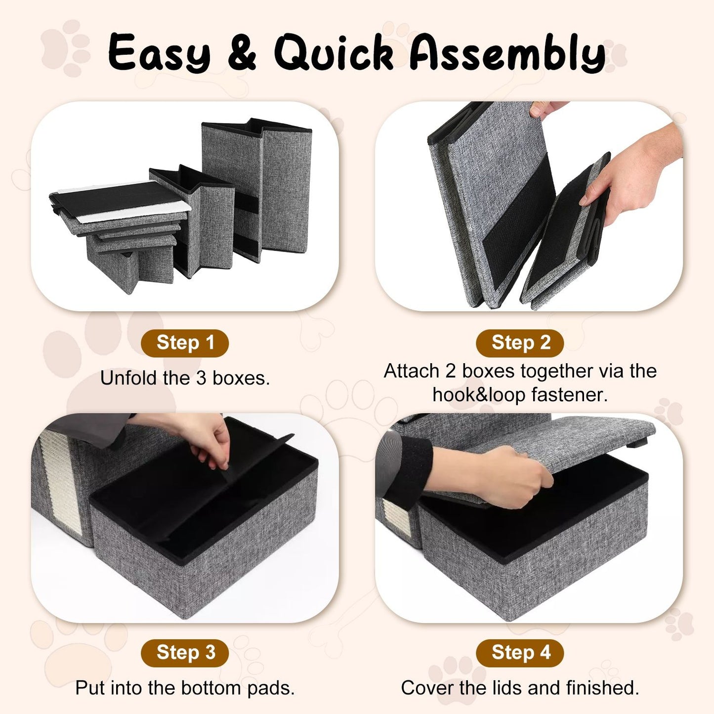 Four-step assembly images: unfold boxes, attach with hook and loop, insert bottom pads, and replace lids