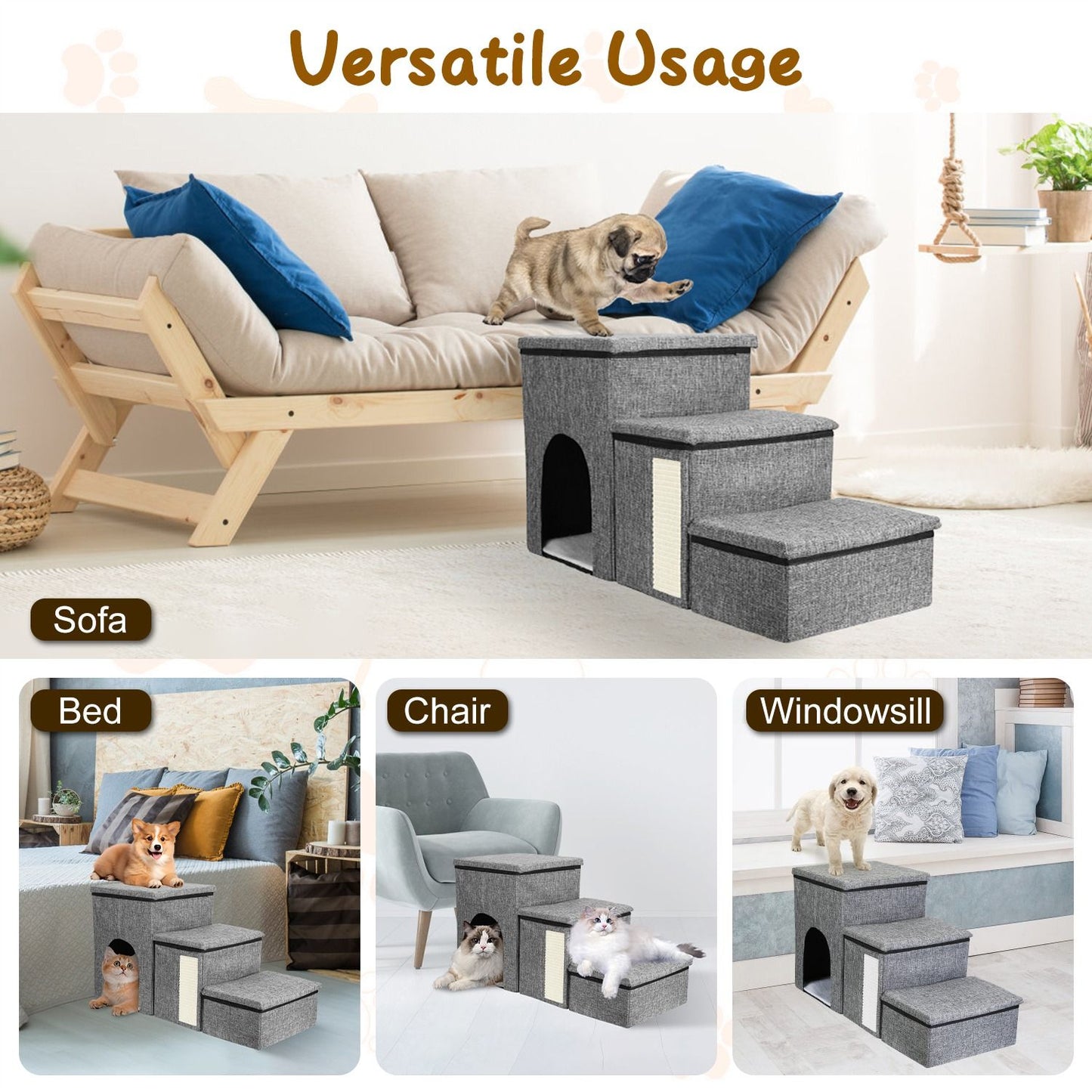 Pet stairs placed by sofa, bed, chair and windowsill to show versatile home placement