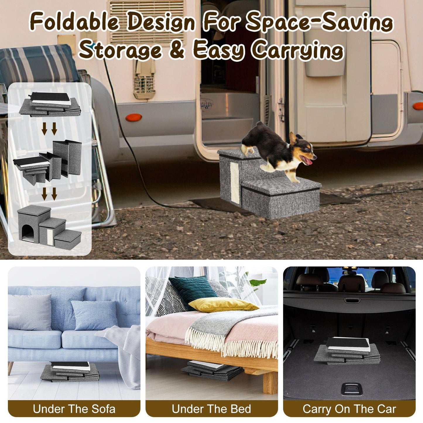 Folded pet stair components shown stored under a sofa, under a bed and in a car trunk for portability