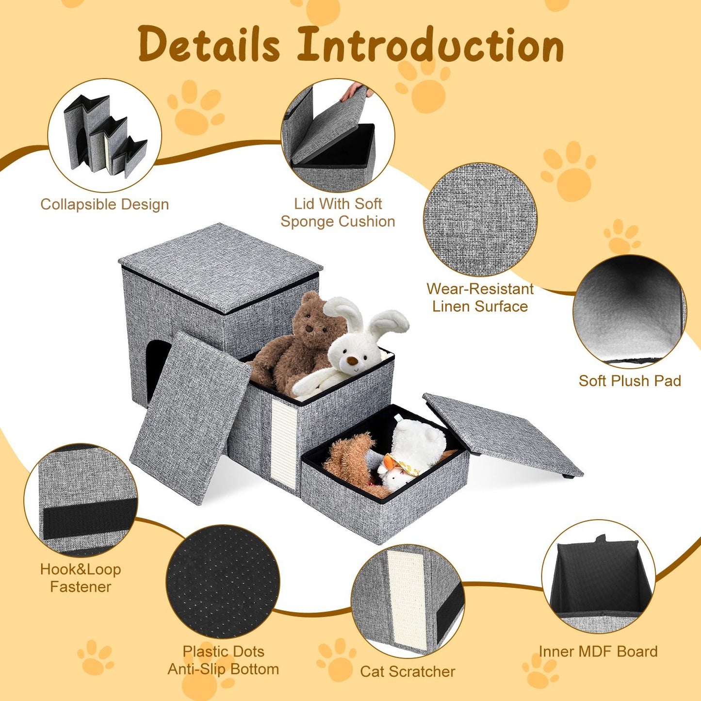 Open boxes and lids showing storage, cushioned lid, linen surface, scratcher and inner MDF components