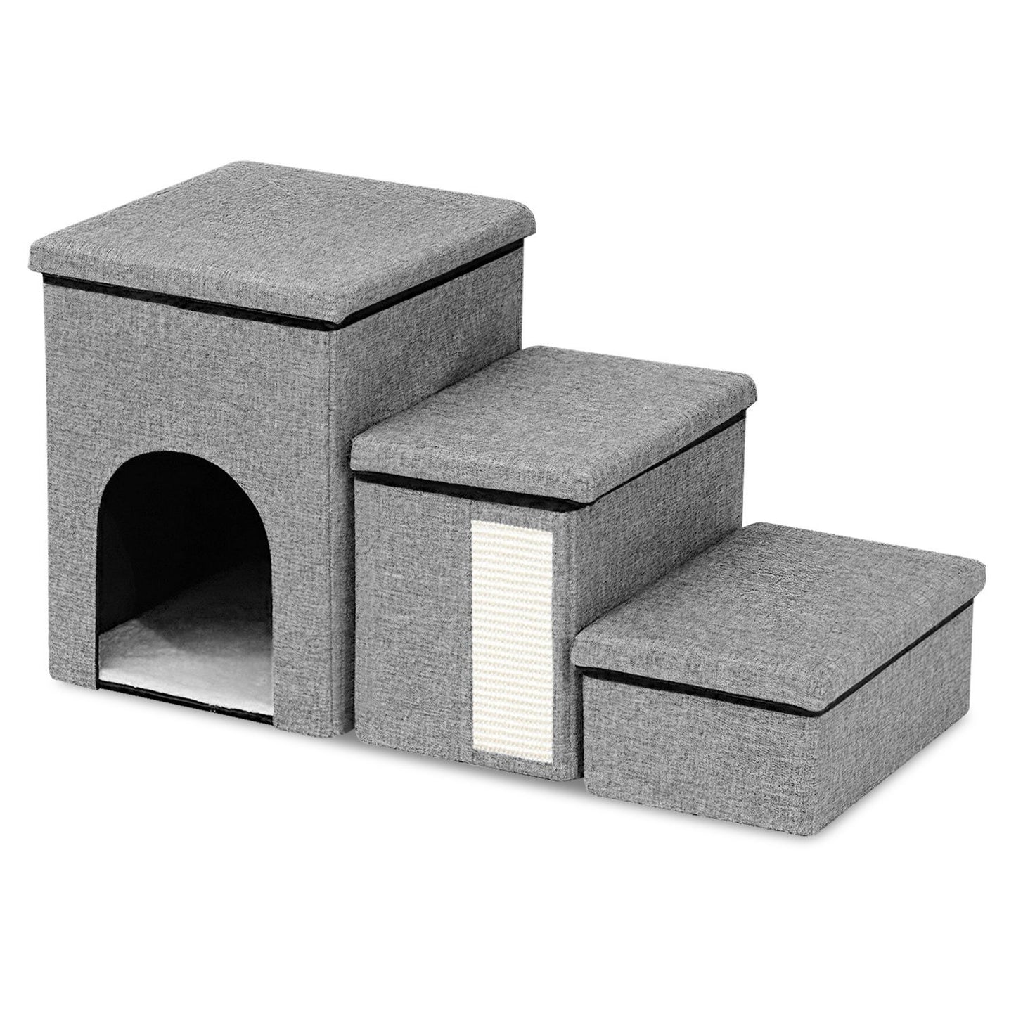 White-background view of assembled grey 3-step pet stair with arched cubby, scratcher panel and cushioned lids