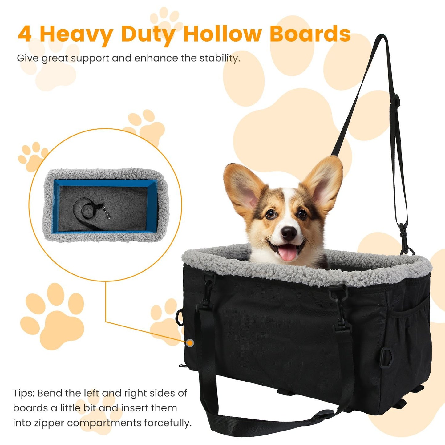 Booster seat with four hollow support boards inserted for structure and stability
