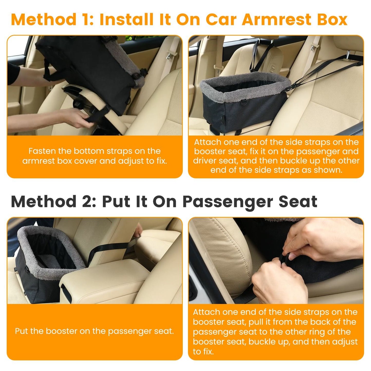 Installation steps showing bottom straps on armrest and side straps buckled to passenger or driver seat