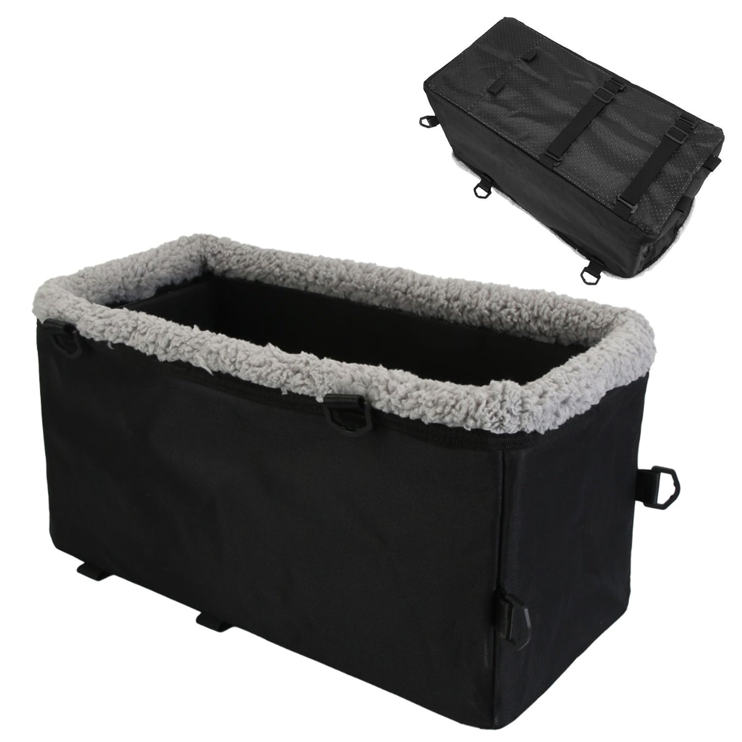 Studio view of the black foldable pet booster seat with fleece lining, rings, and anti-slip bottom