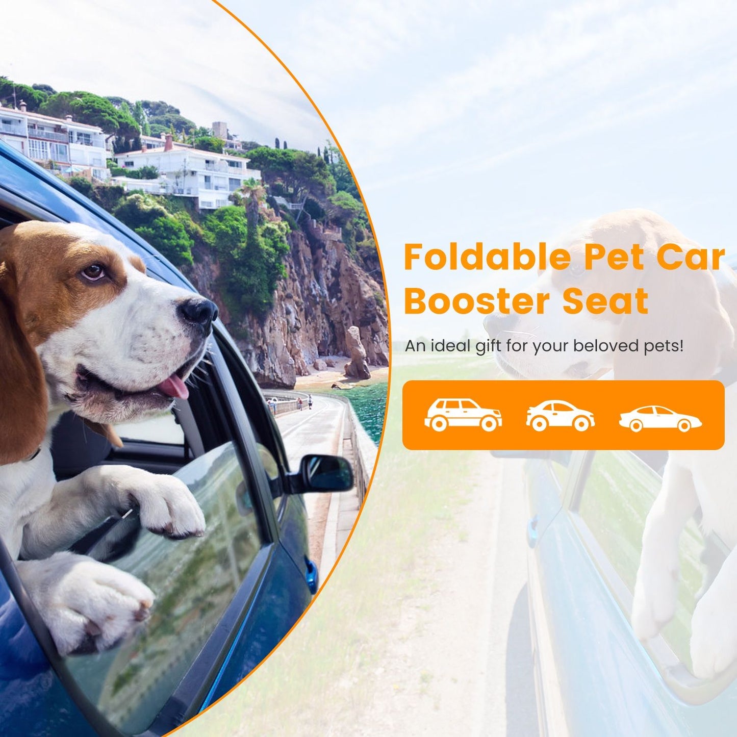 Promotional image of foldable pet car booster seat for cars and SUVs, emphasizing portability