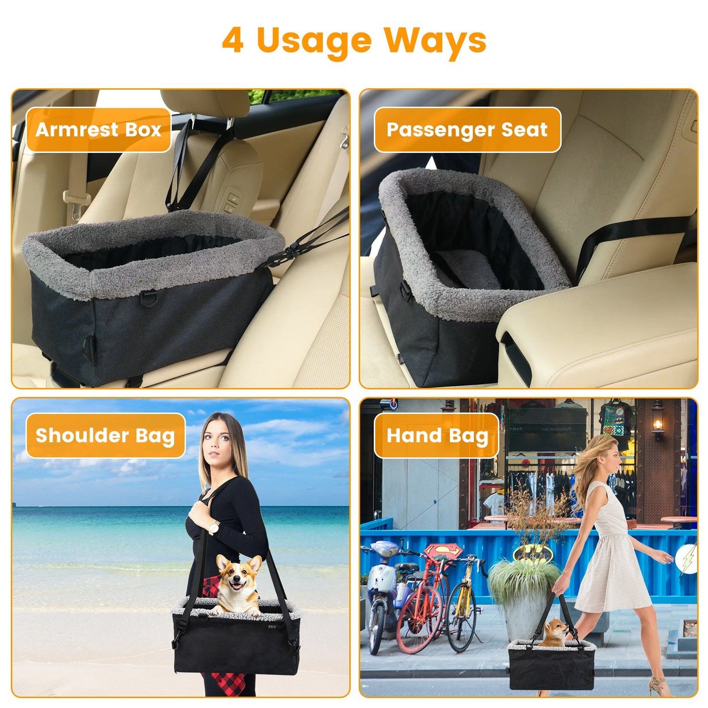 Collage showing booster seat used as armrest seat, passenger seat, shoulder bag, and handbag