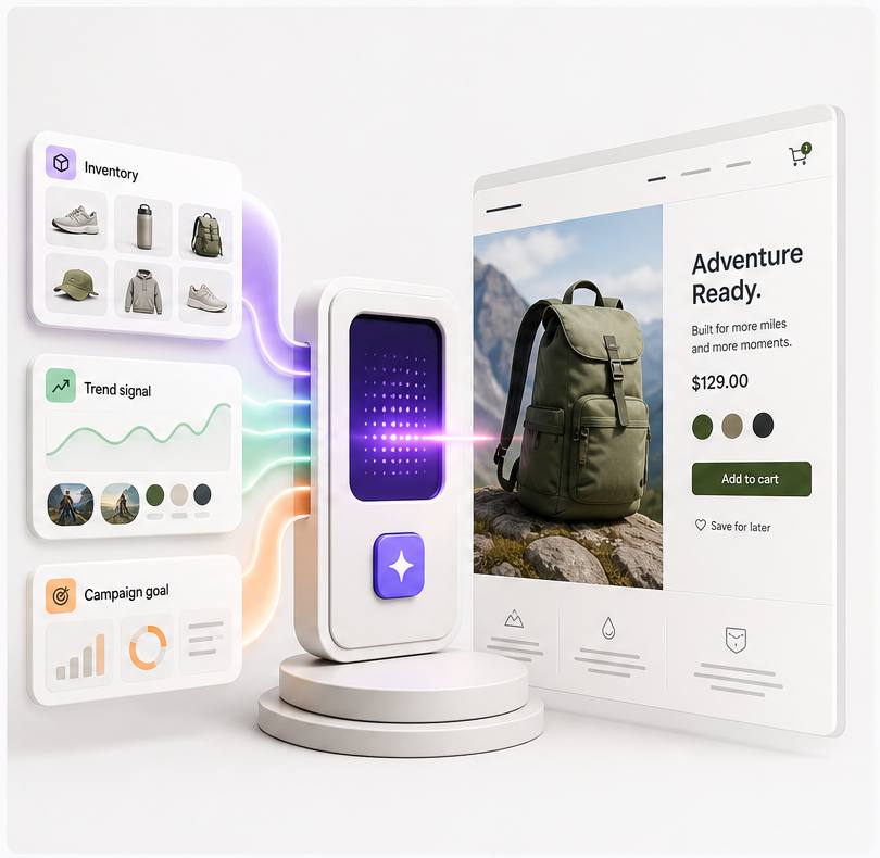 Twubsy launcher turning inventory, trend signals, and a campaign goal into a live product page
