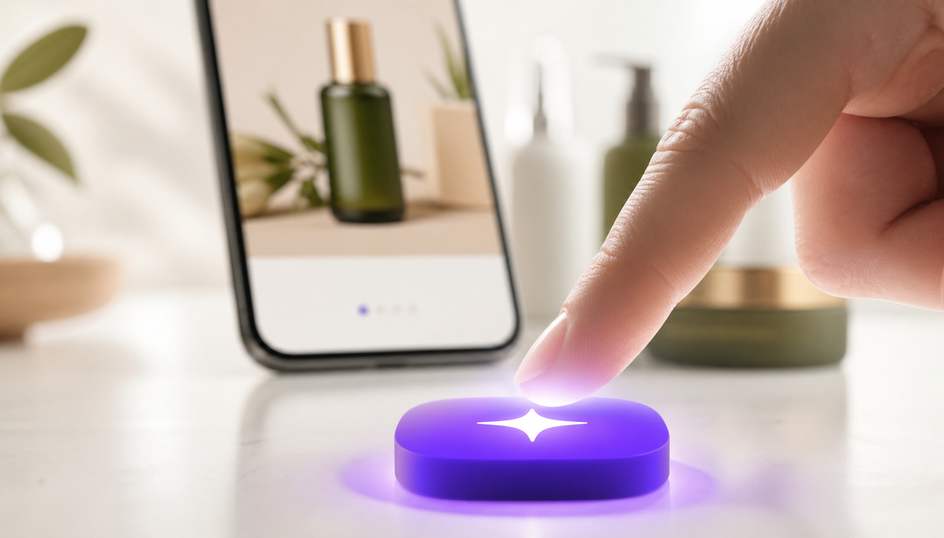 Fingertip pressing a glowing launch button with a live product page appearing on a phone behind