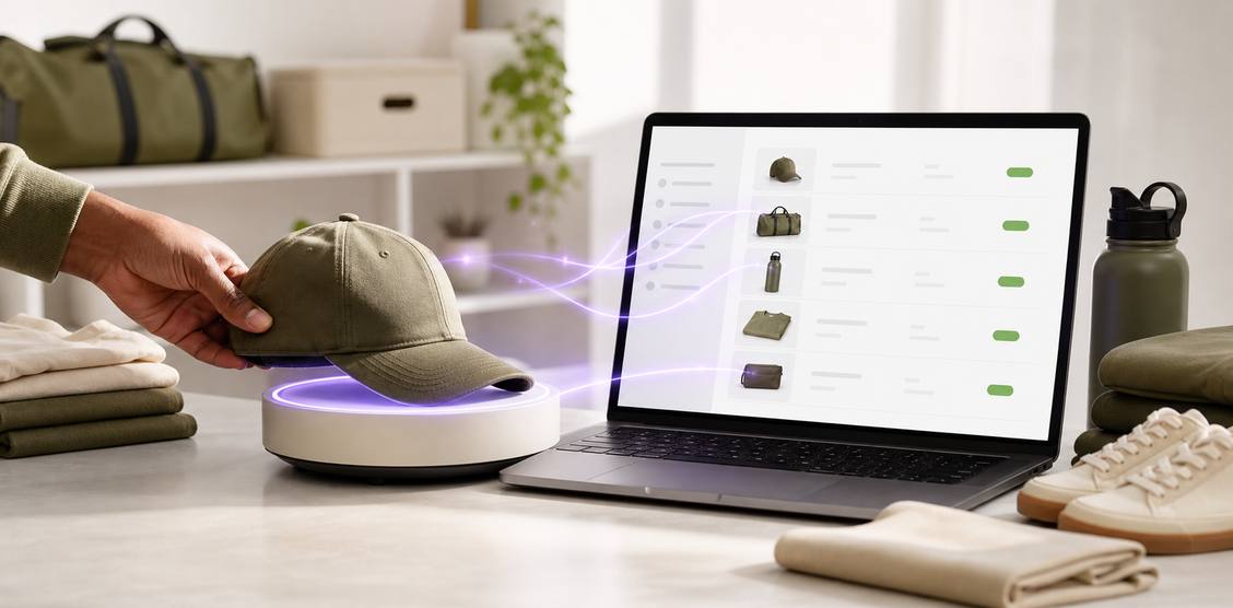 Hand placing an olive cap on a glowing turntable as it appears in a laptop inventory dashboard
