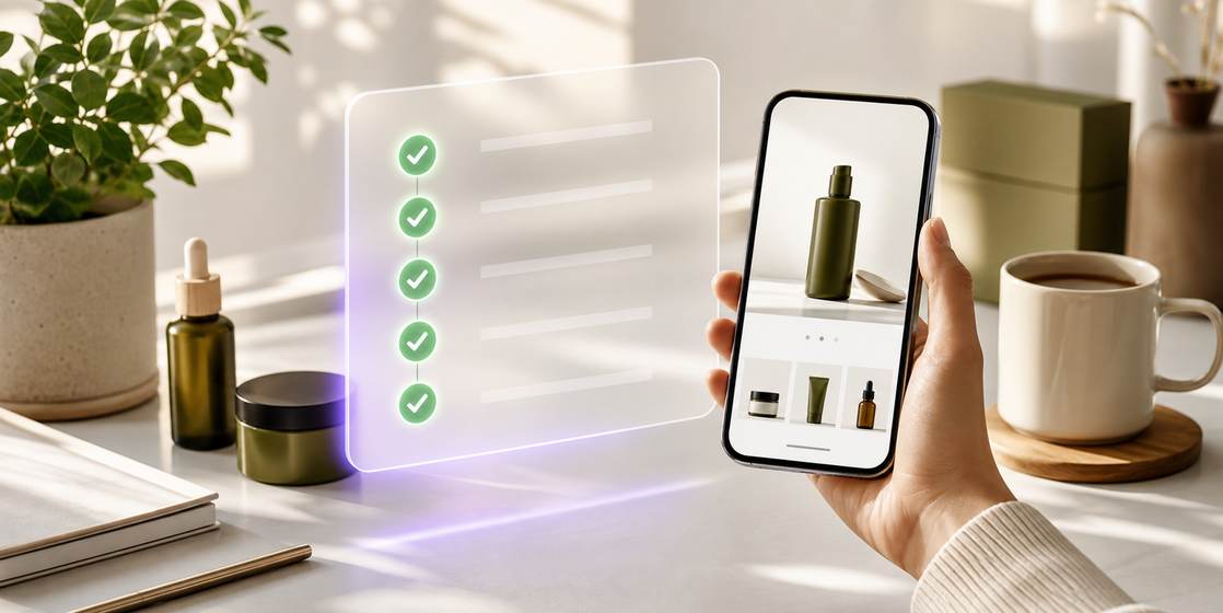 Launch checks turning green beside a hand holding the finished mobile product page