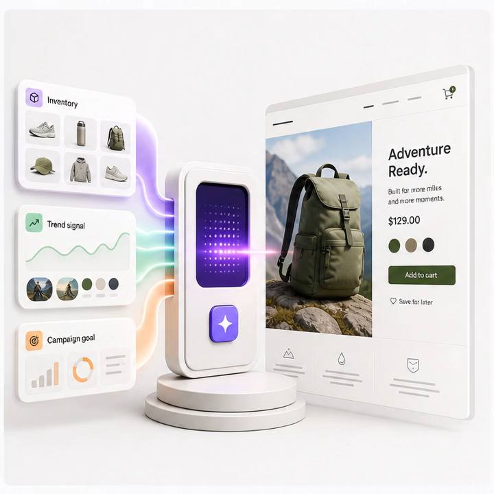 Twubsy launcher turning inventory, trend signals, and a campaign goal into a live product page