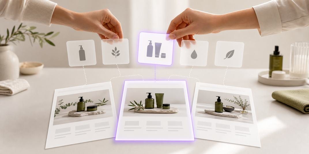 Hands sorting angle cards above three product page variants with the chosen one glowing