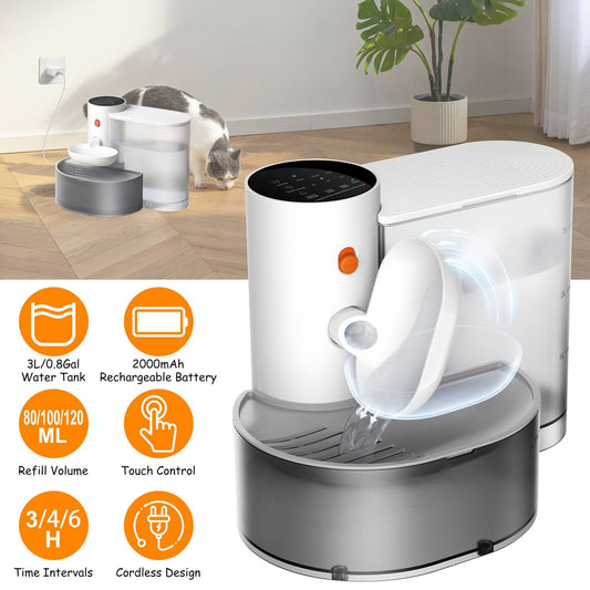 Cat investigating smart pet water dispenser placed by wall outlet in living room