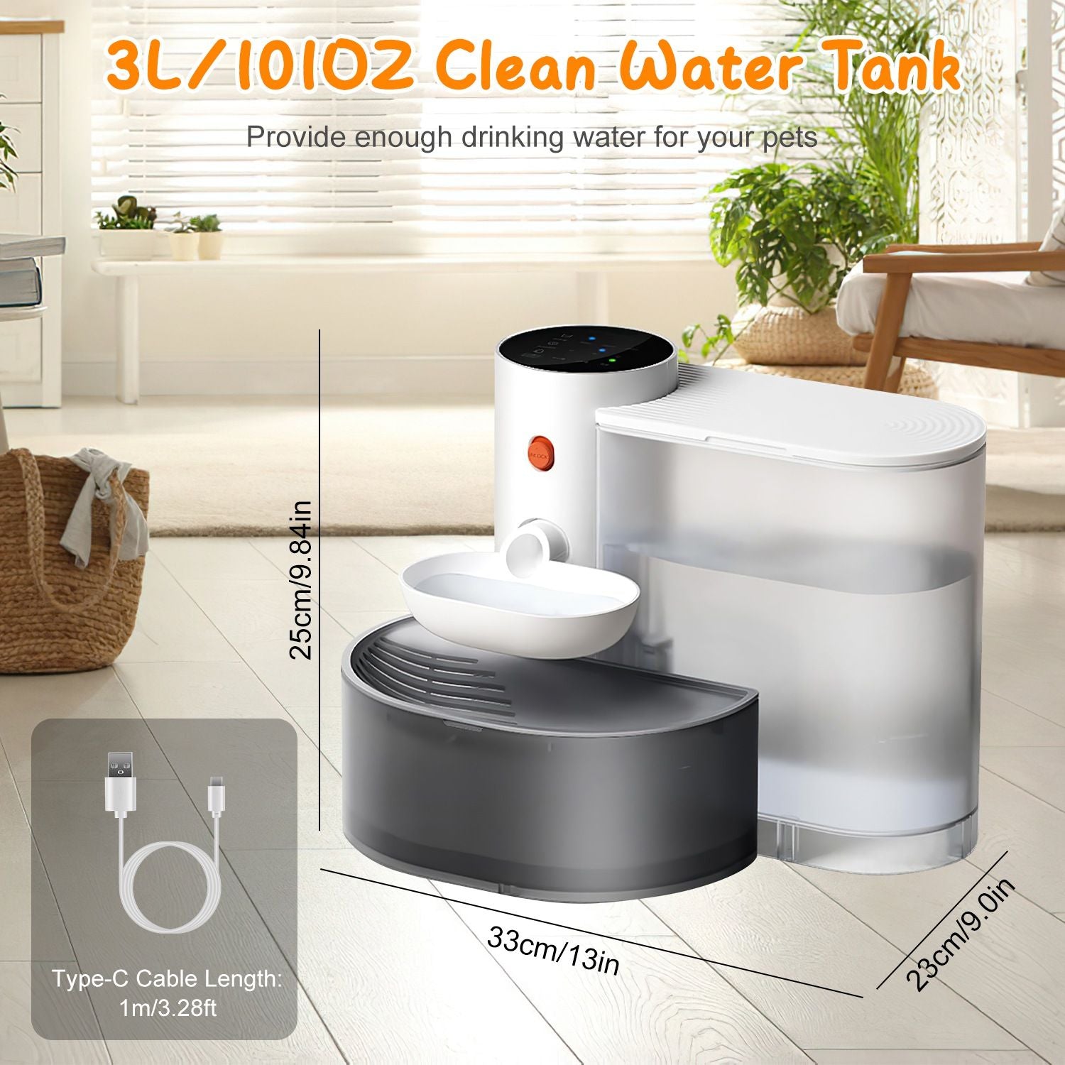 Automatic pet water fountain with 3L clean tank and 1.5L waste tank with dimensions 33x23x25 cm