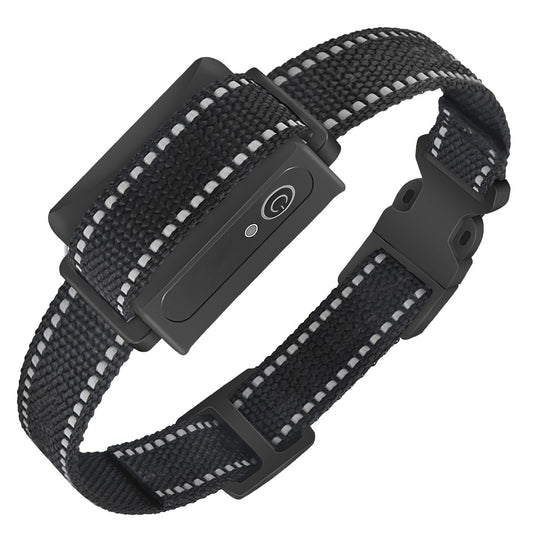 Black nylon dog collar with rectangular IP67 receiver showing power button and reflective stitching