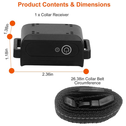 Receiver module with labeled dimensions and included rolled adjustable collar belt in product contents graphic