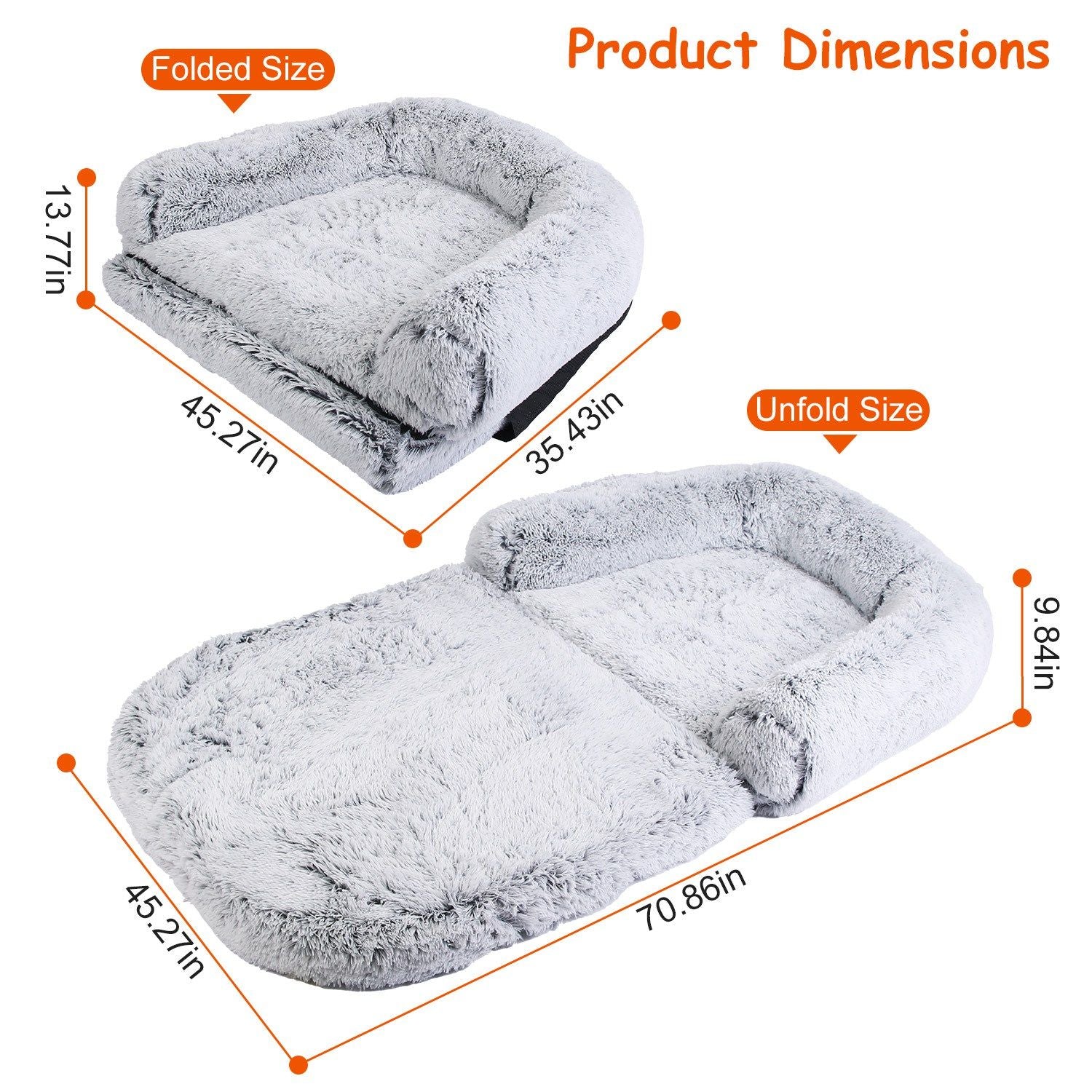 Dimension diagram with folded and unfolded measurements 70.86 x 45.27 x 9.84 in unfolded