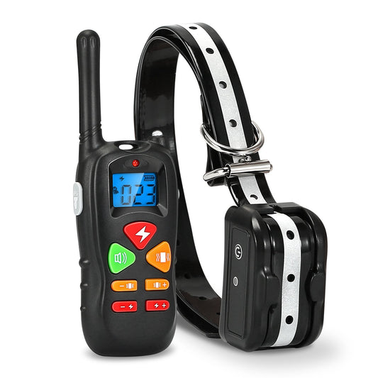 Remote transmitter with LCD and colored buttons next to black adjustable collar receiver with reflective stripe