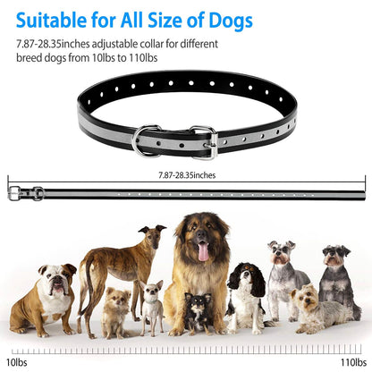 Adjustable black collar belt with reflective stripe and measurement 7.87–28.35 inches