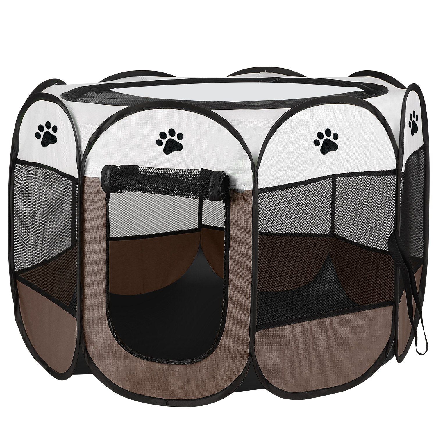 Brown eight-panel foldable pet playpen with paw-print accents and mesh panels