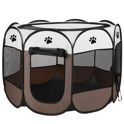 Brown eight-panel foldable pet playpen with paw-print accents and mesh panels