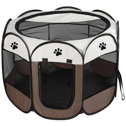 Front view of brown playpen showing double-zippered door, mesh panels and paw-print accents