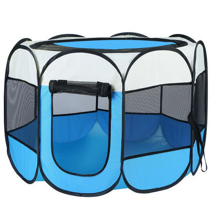 Blue eight-panel foldable pet playpen with mesh top, roll-up front door and carrying strap