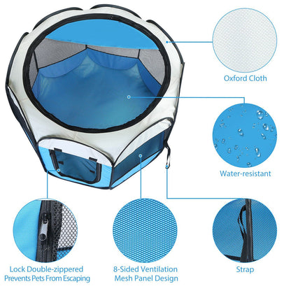 Diagram of playpen features showing water-resistant fabric, mesh ventilation and double-zipper locks