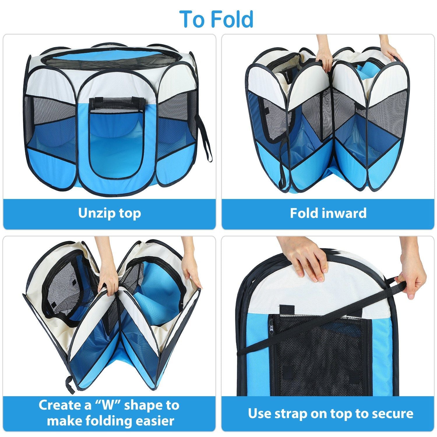 Step-by-step folding instructions showing unzipping, folding into W shape and securing with strap