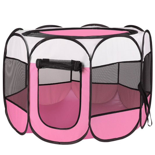 Pink eight-panel foldable pet playpen with mesh sides and roll-up front door