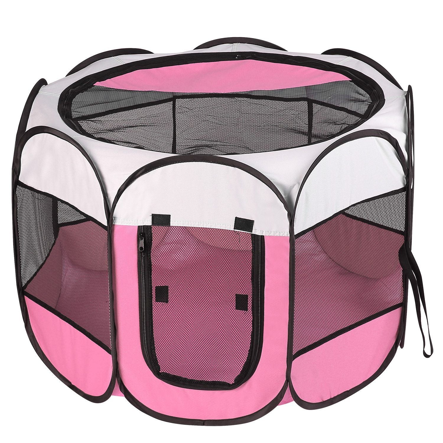 Elevated view of pink playpen showing mesh top, zippered front and reinforced binding