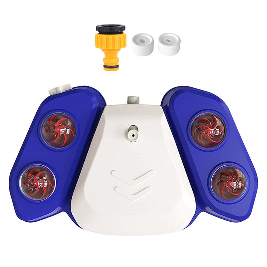 Blue and white step-on dog water fountain with two outlet adapters and yellow hose connector