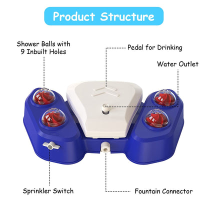 Annotated diagram labeling shower balls, pedal, water outlet, sprinkler switch and fountain connector