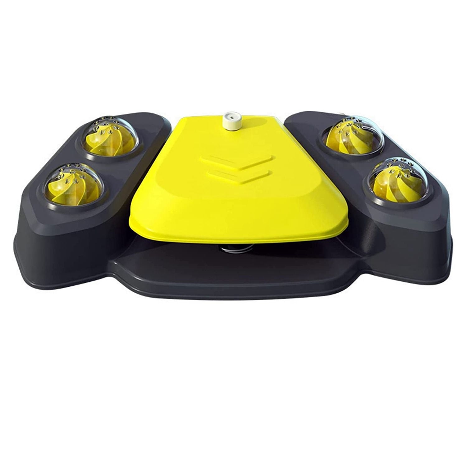 Yellow-and-black dog fountain close-up showing pedal, domes and compact design
