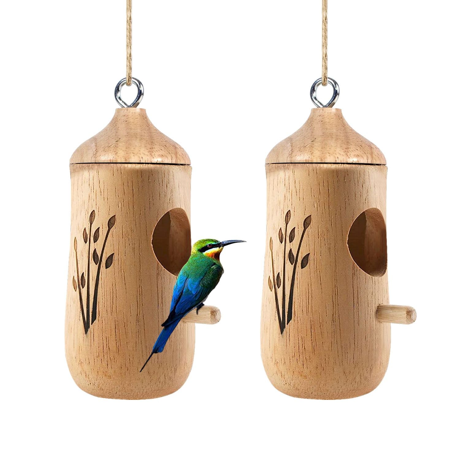Two wooden hummingbird houses on white background, one with bird perched on the wooden dowel